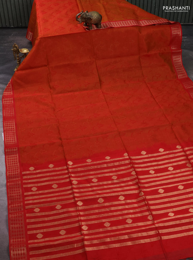 Kora silk cotton saree rustic orange and red with allover self emboss  and zari woven border