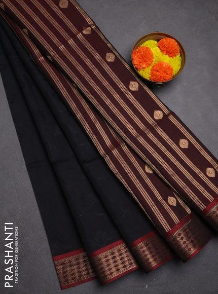 Kora silk cotton saree black and maroon with allover self emboss and zari woven border