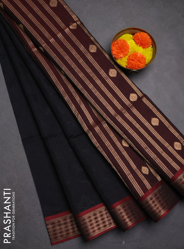 Kora silk cotton saree black and maroon with allover self emboss and zari woven border