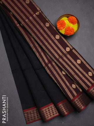 Kora silk cotton saree black and maroon with allover self emboss and zari woven border