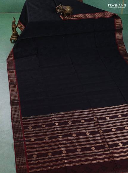 Kora silk cotton saree black and maroon with allover self emboss and zari woven border