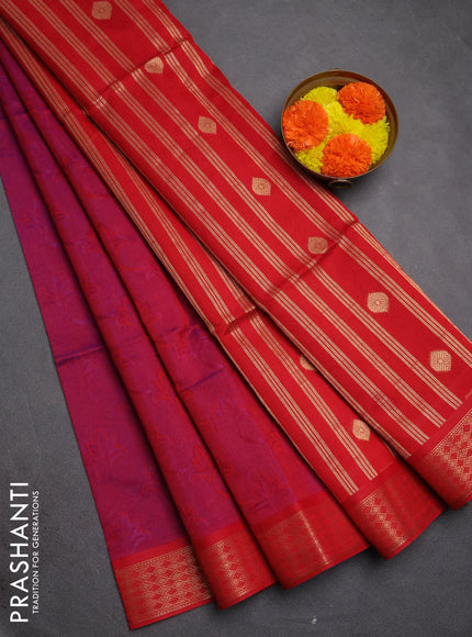 Kora silk cotton saree dual shade of purple and red with allover self emboss and zari woven border