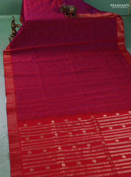 Kora silk cotton saree dual shade of purple and red with allover self emboss and zari woven border