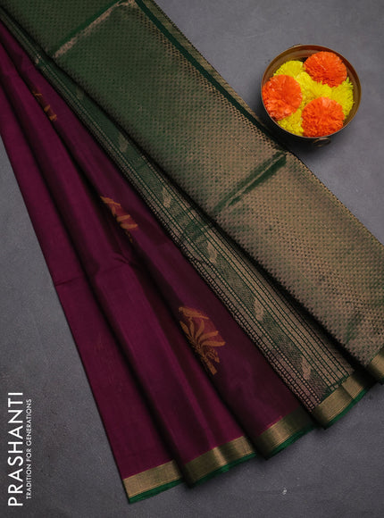Kora silk cotton saree dark magenta pink and green with allover thread & zari woven buttas and zari woven border