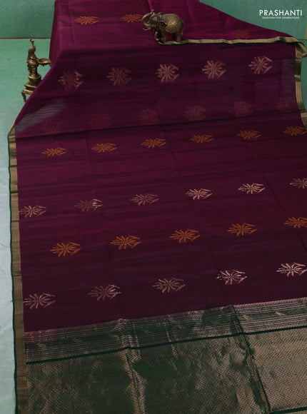 Kora silk cotton saree dark magenta pink and green with allover thread & zari woven buttas and zari woven border