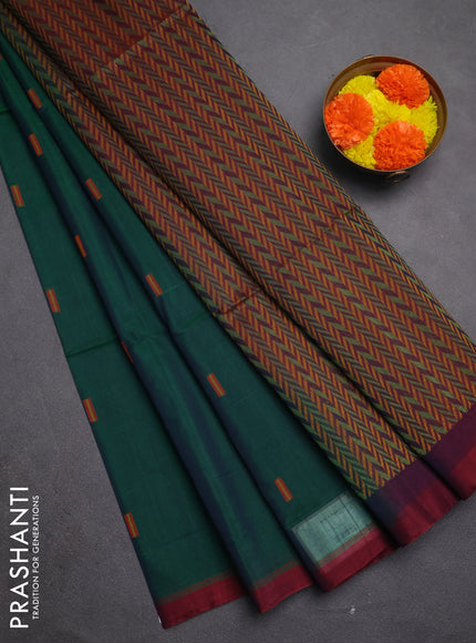 Kora silk cotton saree green and maroon with allover thread woven buttas and simple border