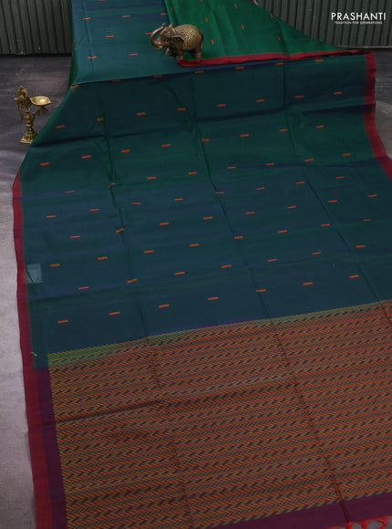 Kora silk cotton saree green and maroon with allover thread woven buttas and simple border