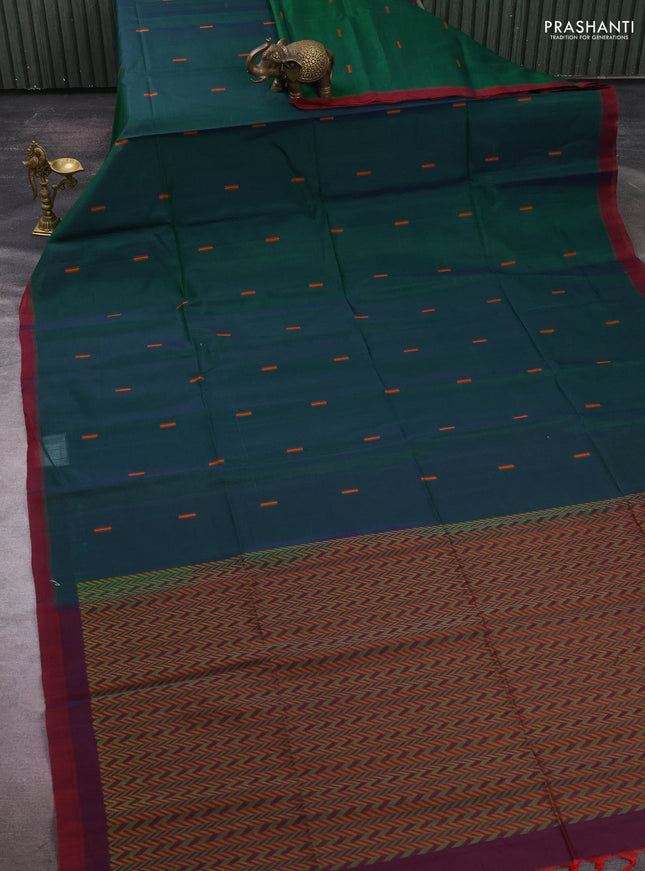 Kora silk cotton saree green and maroon with allover thread woven buttas and simple border