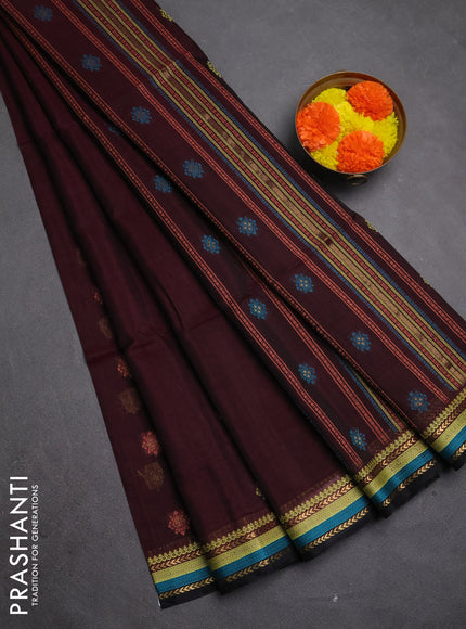 Kora silk cotton saree deep maroon and black with allover thread & zari woven buttas and thread & zari woven border