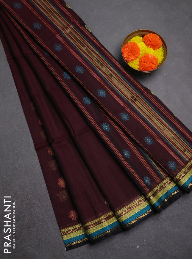 Kora silk cotton saree deep maroon and black with allover thread & zari woven buttas and thread & zari woven border