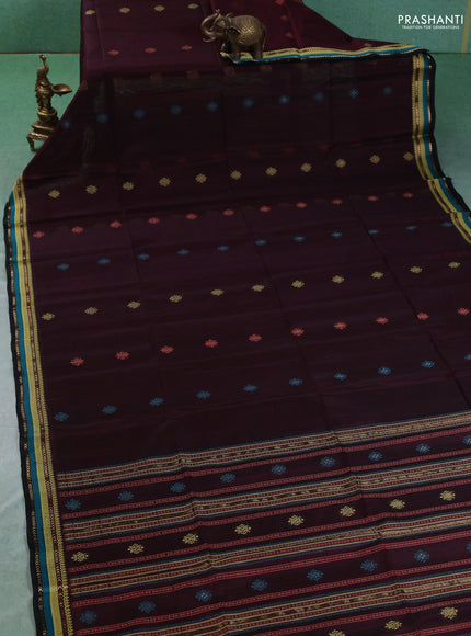 Kora silk cotton saree deep maroon and black with allover thread & zari woven buttas and thread & zari woven border