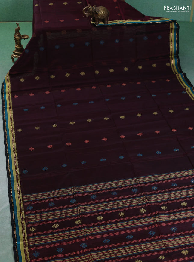 Kora silk cotton saree deep maroon and black with allover thread & zari woven buttas and thread & zari woven border