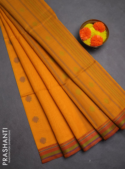 Kora silk cotton saree mustard yellow and maroon with allover thread woven buttas and thread woven border