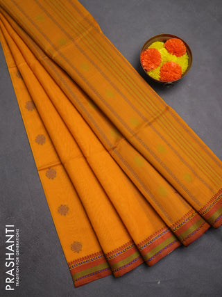 Kora silk cotton saree mustard yellow and maroon with allover thread woven buttas and thread woven border