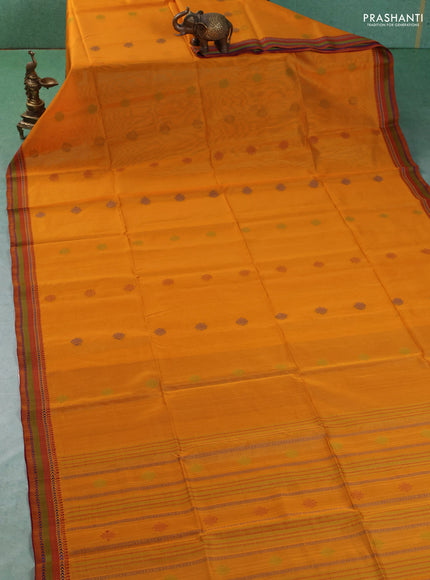 Kora silk cotton saree mustard yellow and maroon with allover thread woven buttas and thread woven border