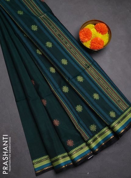 Kora silk cotton saree dark green and black with allover thread & zari woven buttas and thread & zari woven border