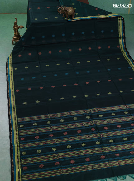 Kora silk cotton saree dark green and black with allover thread & zari woven buttas and thread & zari woven border