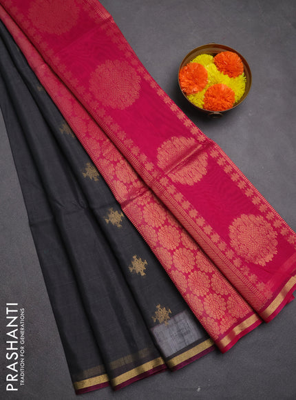 Kora silk cotton saree grey and pink with allover zari woven buttas and small zari woven piping border