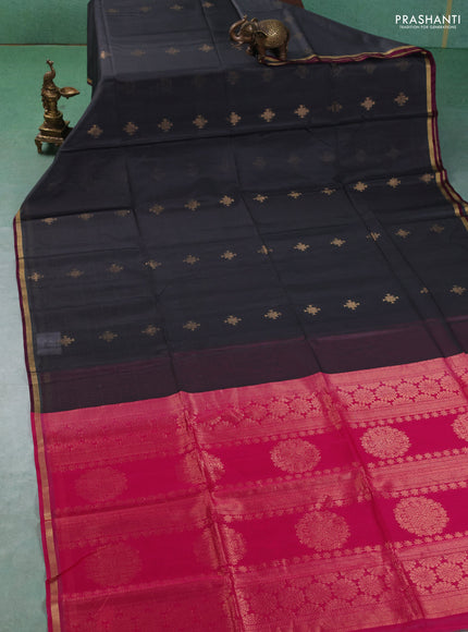 Kora silk cotton saree grey and pink with allover zari woven buttas and small zari woven piping border