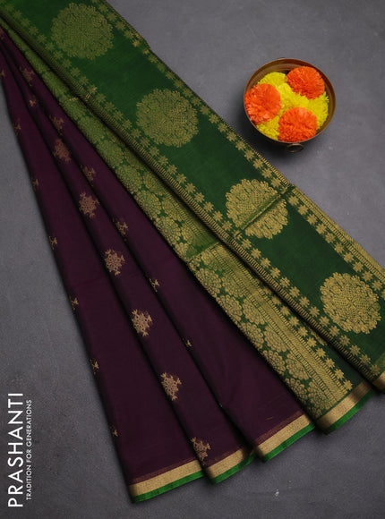 Kora silk cotton saree deep purple and green with allover zari woven buttas and small zari woven piping border