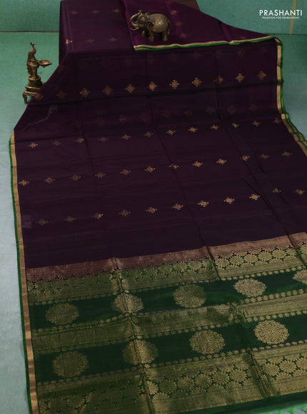 Kora silk cotton saree deep purple and green with allover zari woven buttas and small zari woven piping border