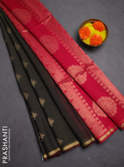Kora silk cotton saree military green and maroon with allover zari woven buttas and small zari woven piping border