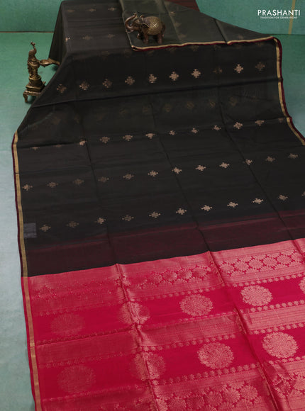 Kora silk cotton saree military green and maroon with allover zari woven buttas and small zari woven piping border