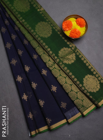 Kora silk cotton saree dark navy blue and green with allover zari woven buttas and small zari woven piping border