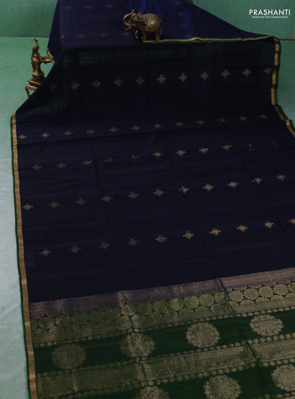 Kora silk cotton saree dark navy blue and green with allover zari woven buttas and small zari woven piping border
