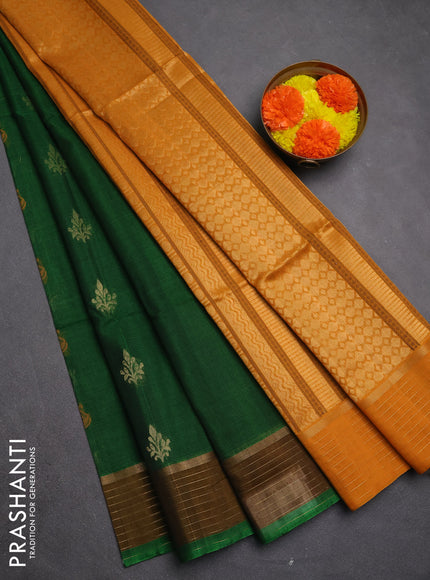 Kora silk cotton saree green and mustard yellow with allover thread & zari woven buttas and zari line border