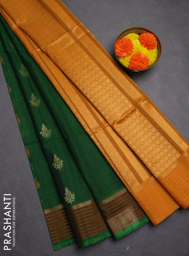 Kora silk cotton saree green and mustard yellow with allover thread & zari woven buttas and zari line border