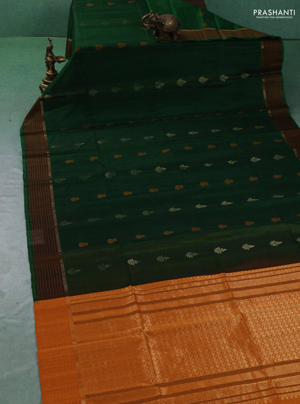 Kora silk cotton saree green and mustard yellow with allover thread & zari woven buttas and zari line border