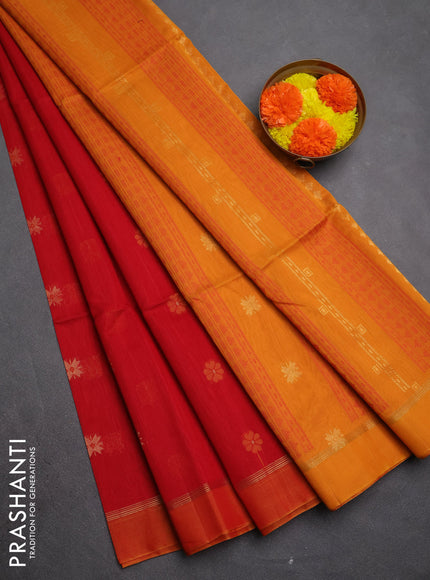 Kora silk cotton saree red and mustard yellow with allover thread & zari woven buttas and zari woven simple border