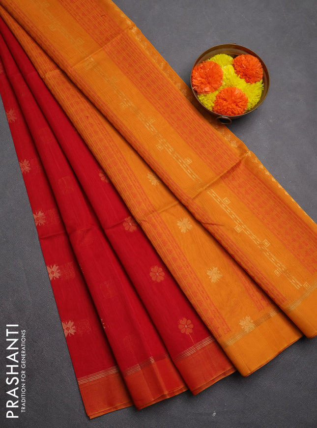 Kora silk cotton saree red and mustard yellow with allover thread & zari woven buttas and zari woven simple border