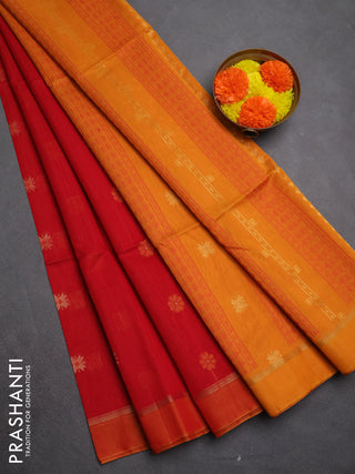 Kora silk cotton saree red and mustard yellow with allover thread & zari woven buttas and zari woven simple border