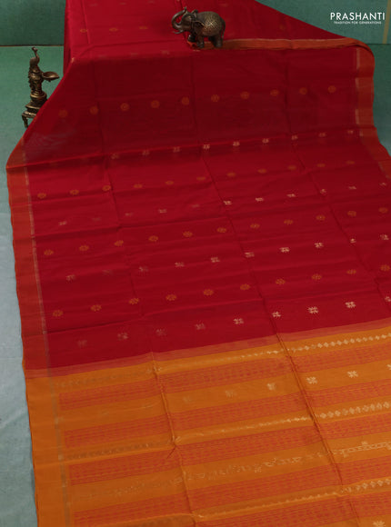Kora silk cotton saree red and mustard yellow with allover thread & zari woven buttas and zari woven simple border