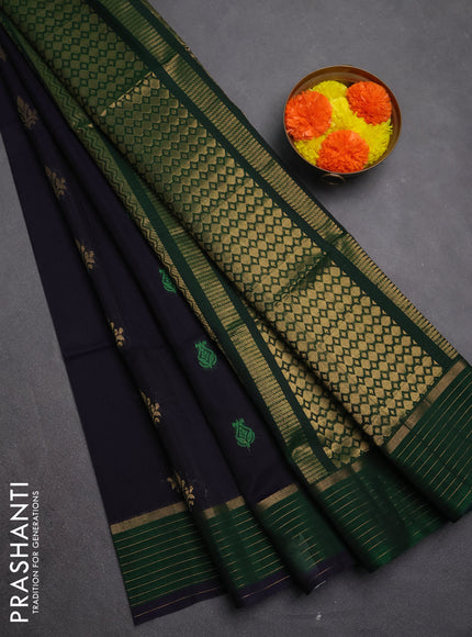 Kora silk cotton saree dark navy blue and green with allover thread & zari woven buttas and zari line border