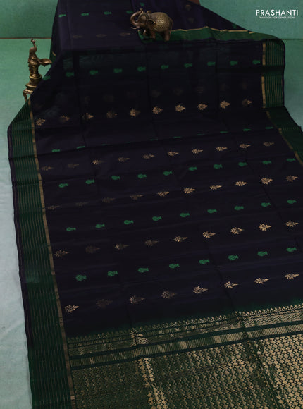 Kora silk cotton saree dark navy blue and green with allover thread & zari woven buttas and zari line border