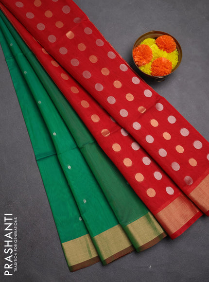 Kora silk cotton saree green and red with allover zari woven buttas and zari woven border