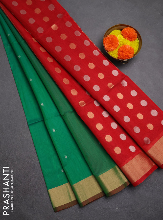 Kora silk cotton saree green and red with allover zari woven buttas and zari woven border