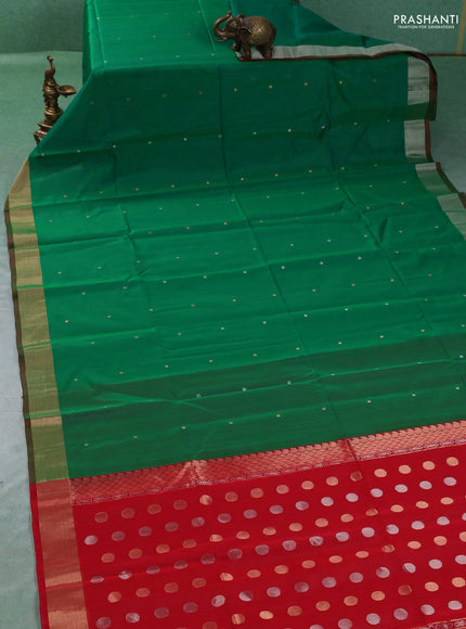 Kora silk cotton saree green and red with allover zari woven buttas and zari woven border