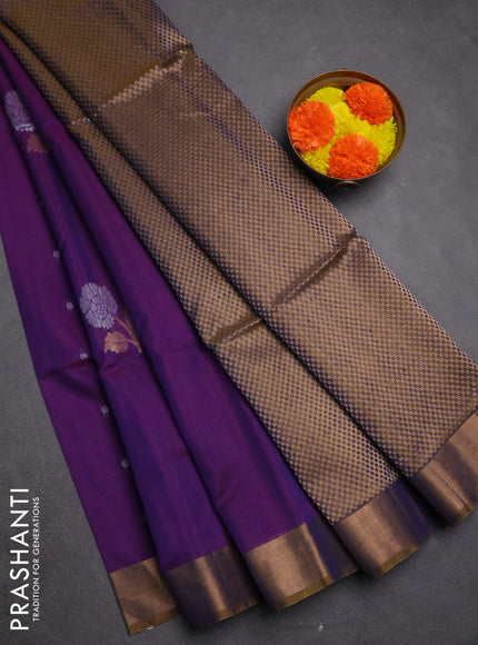 Kora silk cotton saree purple and mustard yellow with allover zari woven buttas and zari woven border
