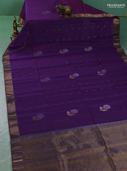 Kora silk cotton saree purple and mustard yellow with allover zari woven buttas and zari woven border