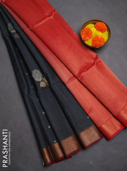Kora silk cotton saree dark grey and maroon with allover zari woven buttas and zari woven border