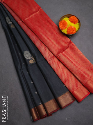 Kora silk cotton saree dark grey and maroon with allover zari woven buttas and zari woven border