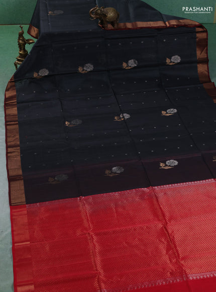 Kora silk cotton saree dark grey and maroon with allover zari woven buttas and zari woven border