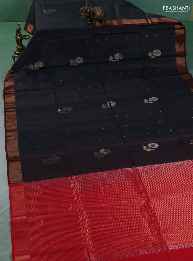 Kora silk cotton saree dark grey and maroon with allover zari woven buttas and zari woven border