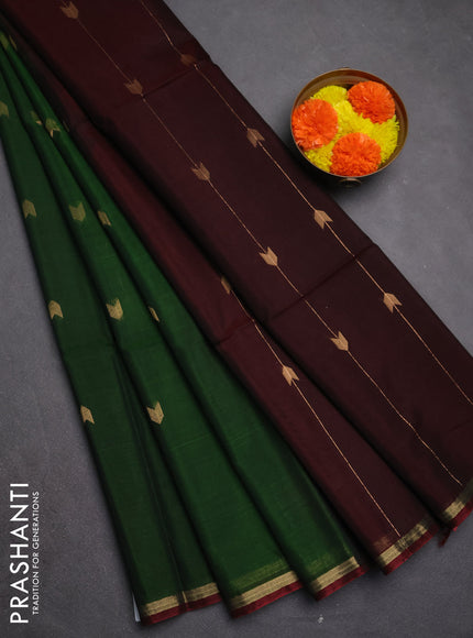 Kora silk cotton saree green and dark maroon with zari woven buttas and small zari woven piping border