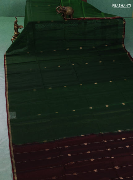 Kora silk cotton saree green and dark maroon with zari woven buttas and small zari woven piping border