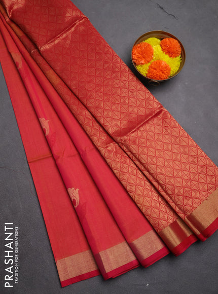 Kora silk cotton saree dual shade of pinkish red and red with floral thread & zari woven buttas and zari woven border